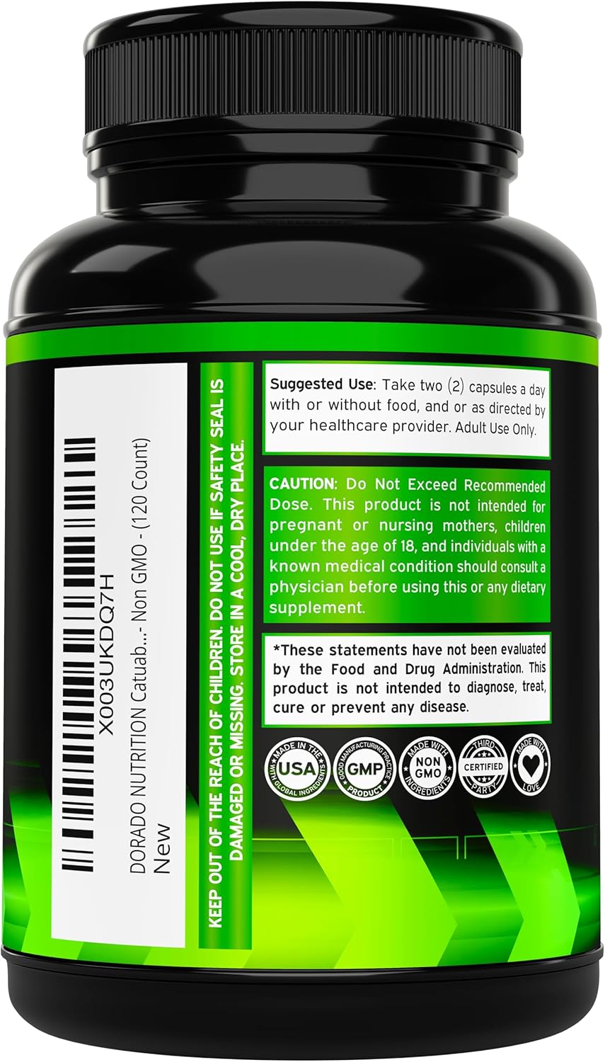 High-Quality Catuaba Bark Extract Capsules for Drive and Stamina - 120 Capsules - USA Made - Gluten-Free & Vegan - Third Party Tested Supplement for Men & Women