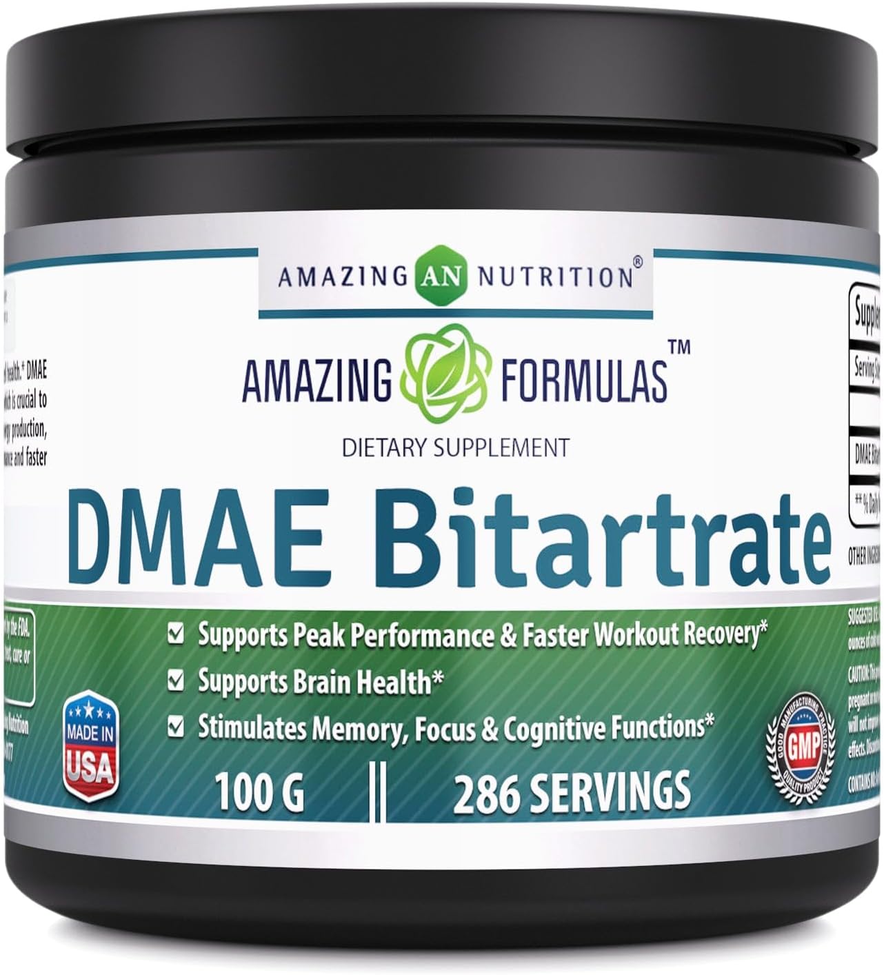 High-Quality DMAE Bitartrate Powder Supplement | 100g | 286 Servings | Non-GMO & Gluten-Free | Made in the USA by Amazing Nutrition