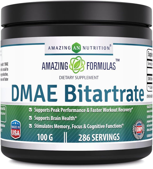 High-Quality DMAE Bitartrate Powder Supplement | 100g | 286 Servings | Non-GMO & Gluten-Free | Made in the USA by Amazing Nutrition