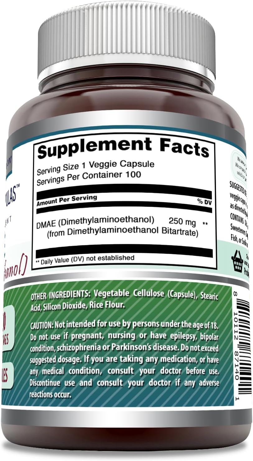 High-Quality DMAE (Dimethylaminoethanol) Supplement 250mg | 100 Veggie Capsules | Non-GMO & Gluten Free | Made in USA by Amazing Nutrition