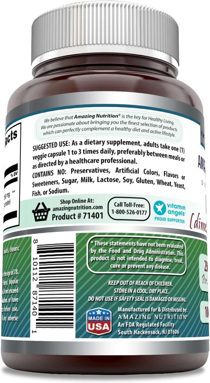 High-Quality DMAE (Dimethylaminoethanol) Supplement 250mg | 100 Veggie Capsules | Non-GMO & Gluten Free | Made in USA by Amazing Nutrition