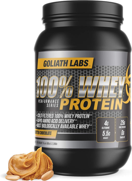 High-Quality Goliath Labs Whey Protein Isolate Powder - Fast-Absorbing Supplement for Lean Muscle Growth & Recovery - 25g Protein, 5.5g BCAAs - 5 lbs/68 Servings - Peanut Butter Chocolate Flavor