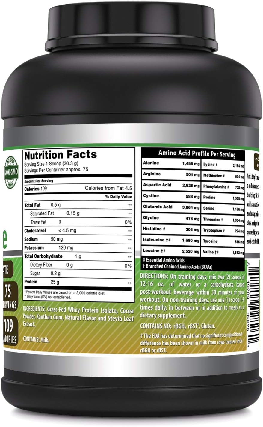 High-Quality Grass-Fed Whey Protein Isolate | 25g Protein, 5.7g BCAA | 5lb Made in USA, Chocolate Flavor