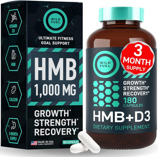 High-Quality HMB Supplements for Muscle Growth & Recovery - 3 Month Supply, 1,000 mg Calcium HMB per Serving - Men & Women - 180 Capsules - Vitamin D3 Included