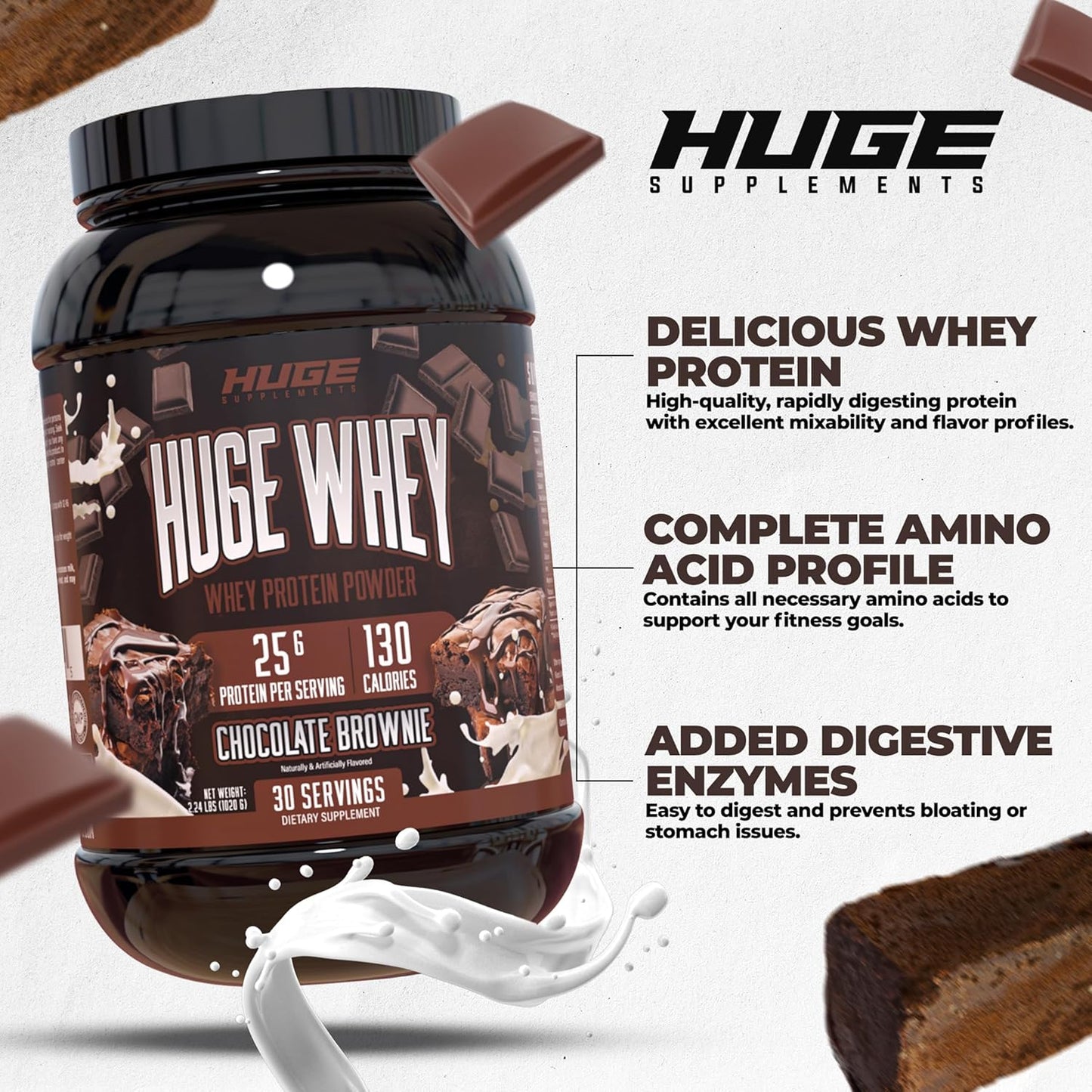 High-Quality Huge Whey Protein Powder for Muscle Gain with 25g Protein, Chocolate Brownie Flavor, 30 Servings