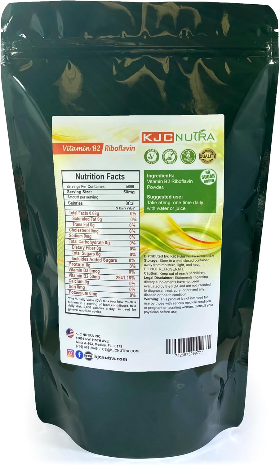 High-Quality KJC NUTRA Vitamin B2 Powder - 500g (17.6oz) for Riboflavin Support