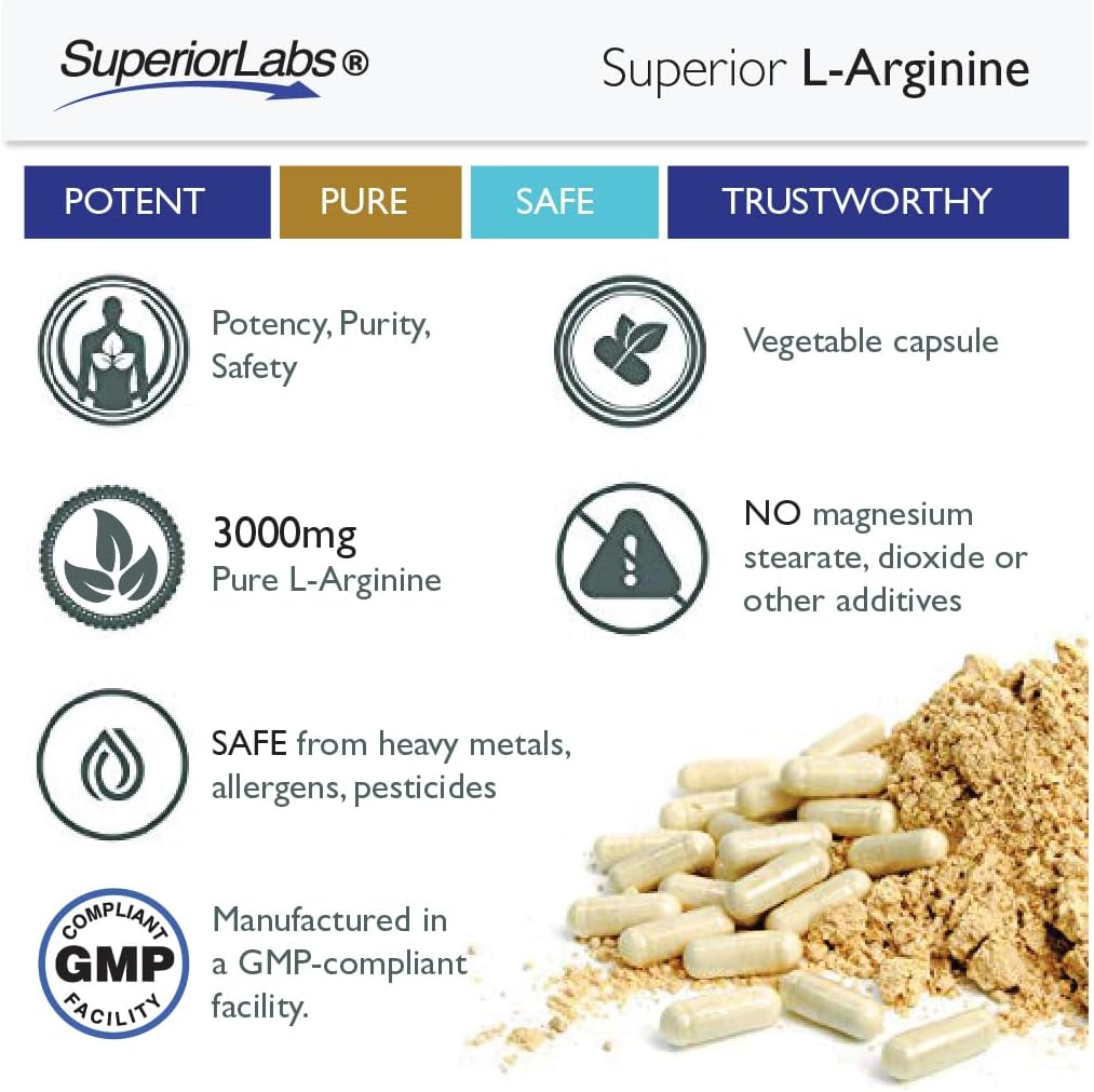 High-Quality L-Arginine Supplement - 3,000mg Dosage - 150 Veg Capsules - Supports Vasodilation, Energy, Cardio Health