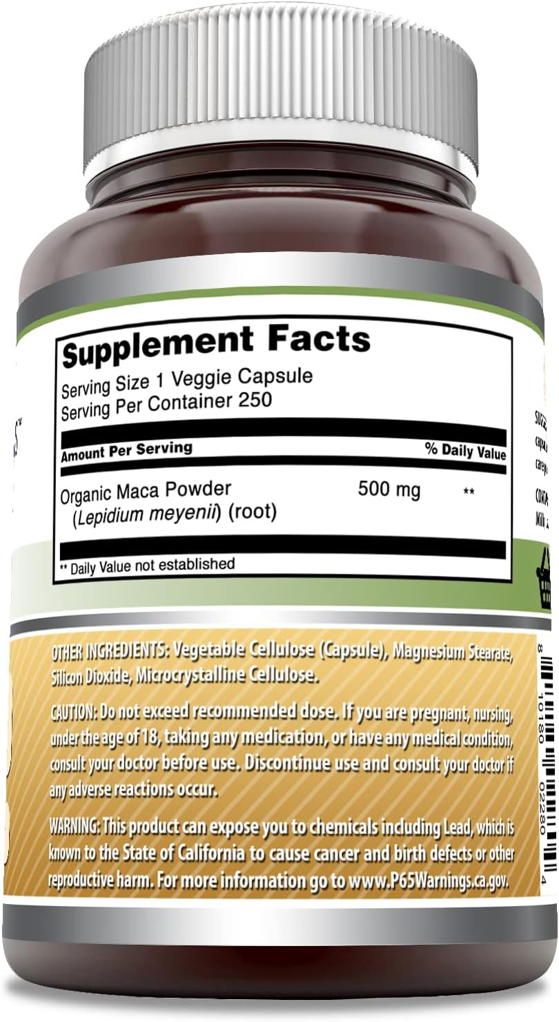 High-Quality Maca 500mg Capsules - 250 Count | Non-GMO | Gluten-Free | Made in USA | Vegetarian-Friendly