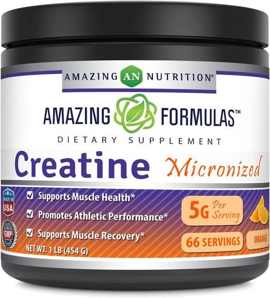 High-Quality Micronized Creatine Monohydrate Supplement | 5000 Mg | Non-GMO | Gluten Free | Made in USA | Orange Flavor | 1 Lb