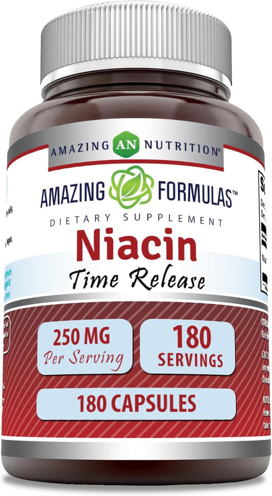 High-Quality Niacin (Vitamin B3) 250mg Supplement - 180 Capsules | Non-GMO, Gluten Free, Made in USA by Amazing Nutrition