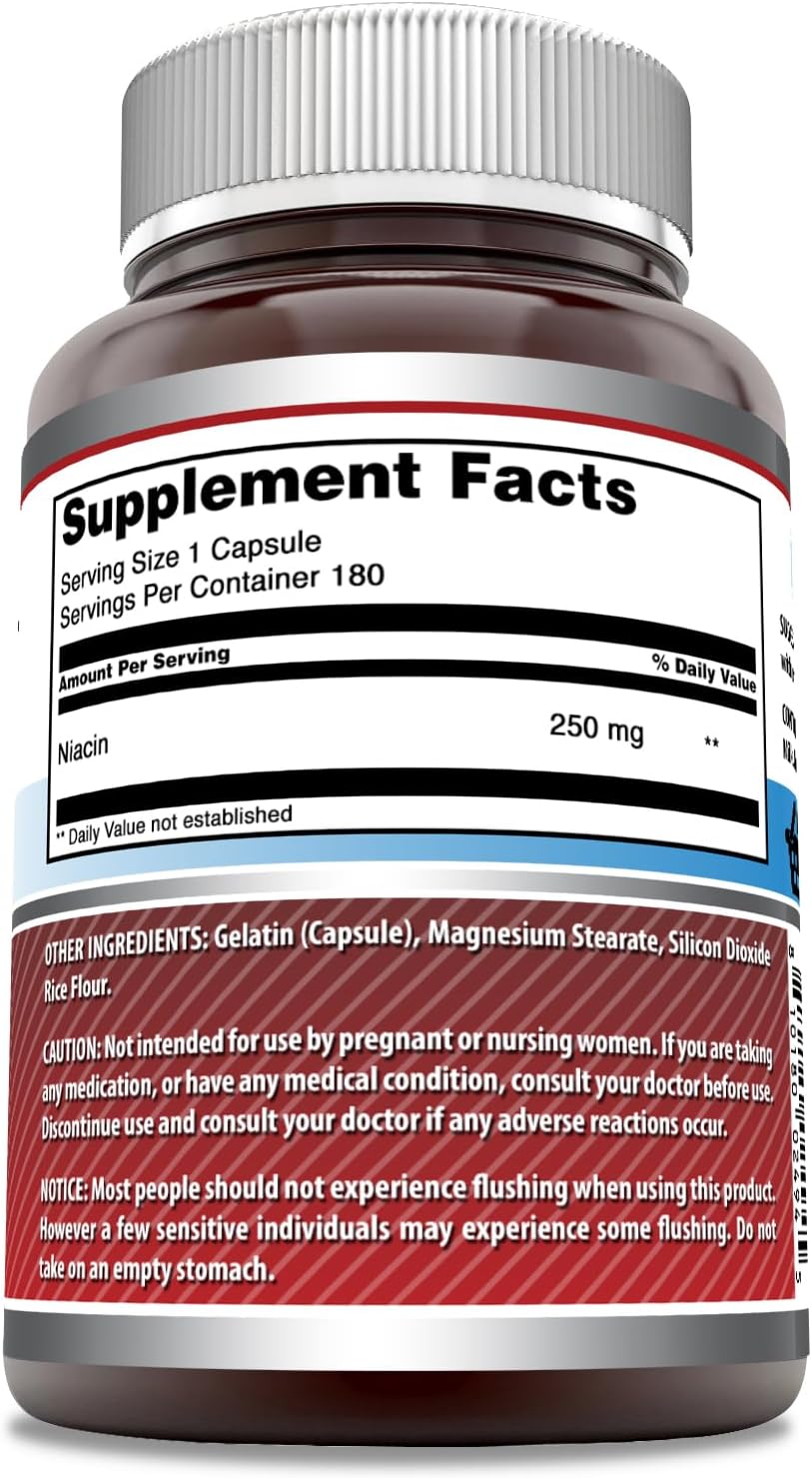 High-Quality Niacin (Vitamin B3) 250mg Supplement - 180 Capsules | Non-GMO, Gluten Free, Made in USA by Amazing Nutrition