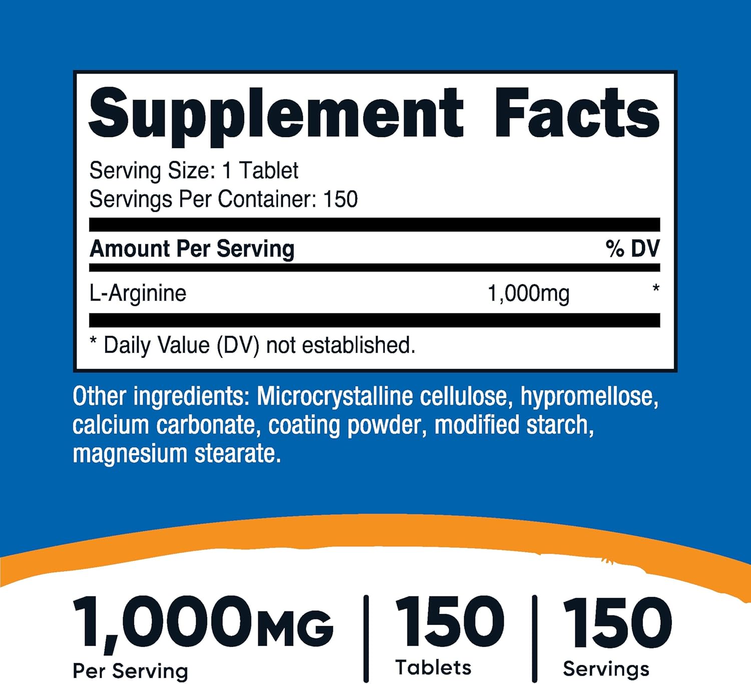 High Quality Nutricost L-Arginine 1000mg Amino Acid Tablets - 150 Count
