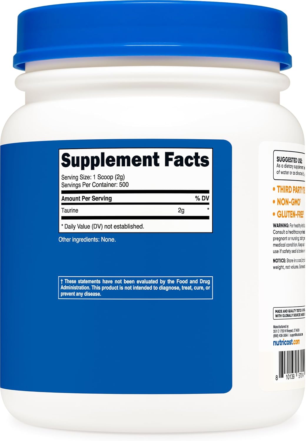 High-Quality Nutricost Taurine Powder - 1KG Bulk Size for 500 Servings