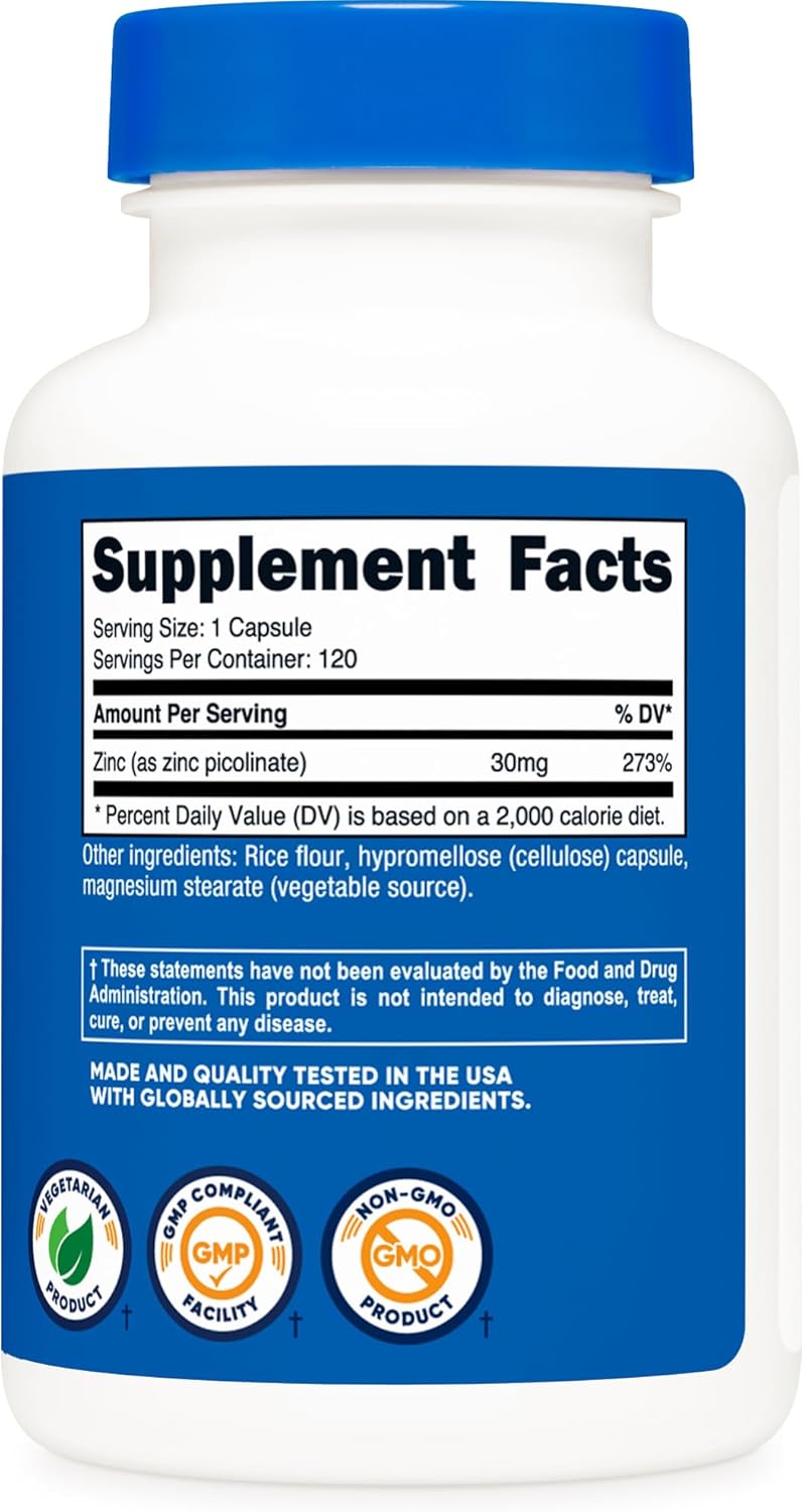 High Quality Nutricost Zinc Picolinate 30mg Capsules - 120 Count, Gluten Free, Non-GMO - Essential Mineral Supplement