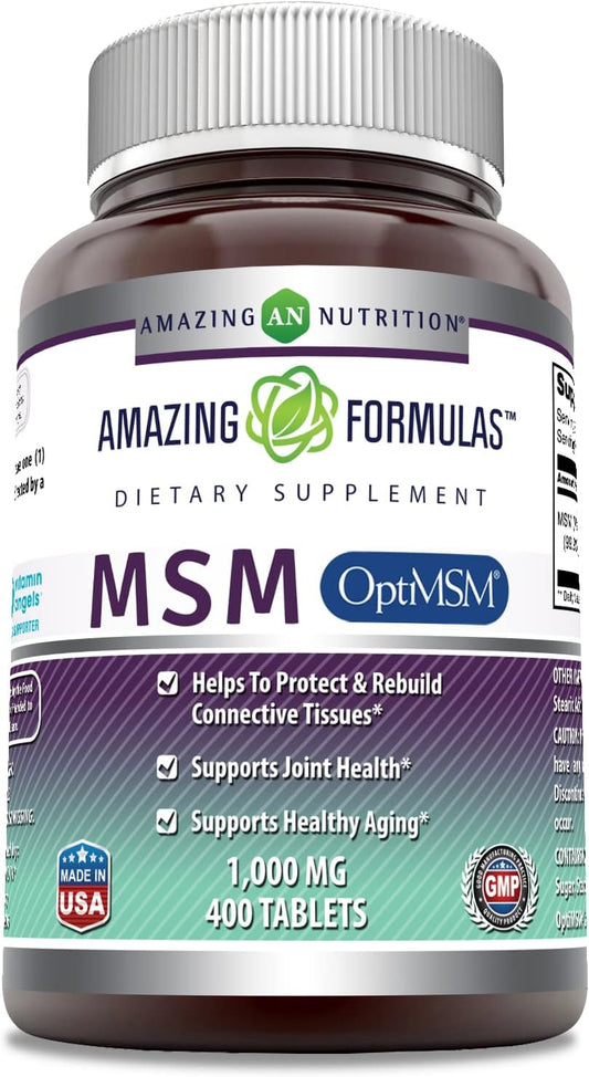 High-Quality OptiMSM 1000 Mg per Serving Supplement - 400 Tablets | Non-GMO, Gluten-Free, Made in USA by Amazing Nutrition