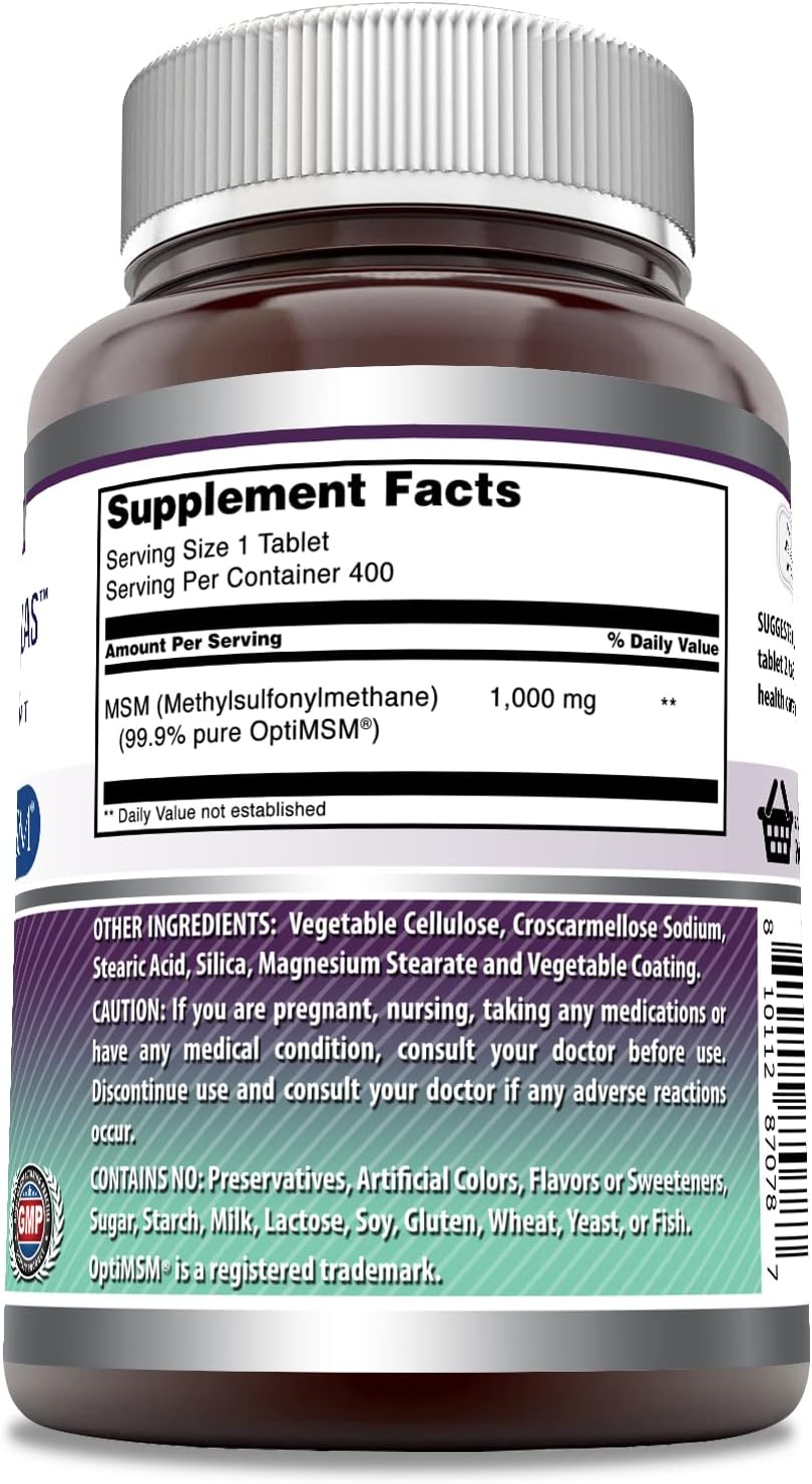 High-Quality OptiMSM 1000 Mg per Serving Supplement - 400 Tablets | Non-GMO, Gluten-Free, Made in USA by Amazing Nutrition