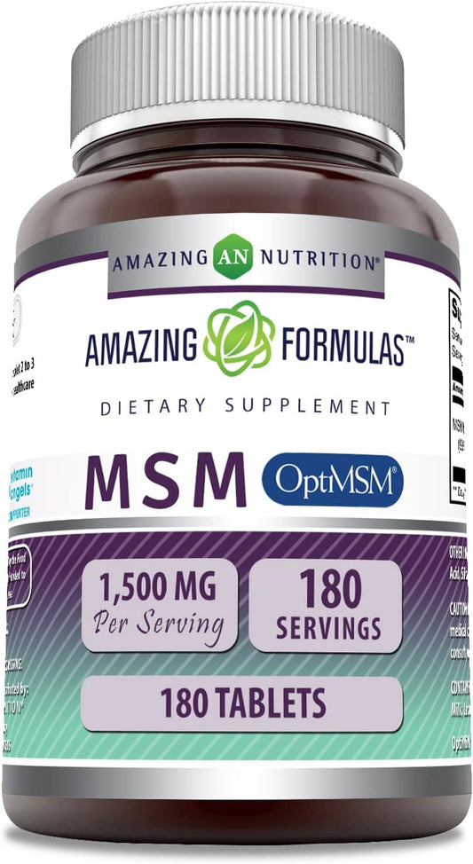 High-Quality OptiMSM 1500 mg Tablets Supplement | Non-GMO & Gluten-Free | Made in USA (180 Count) by Amazing Nutrition