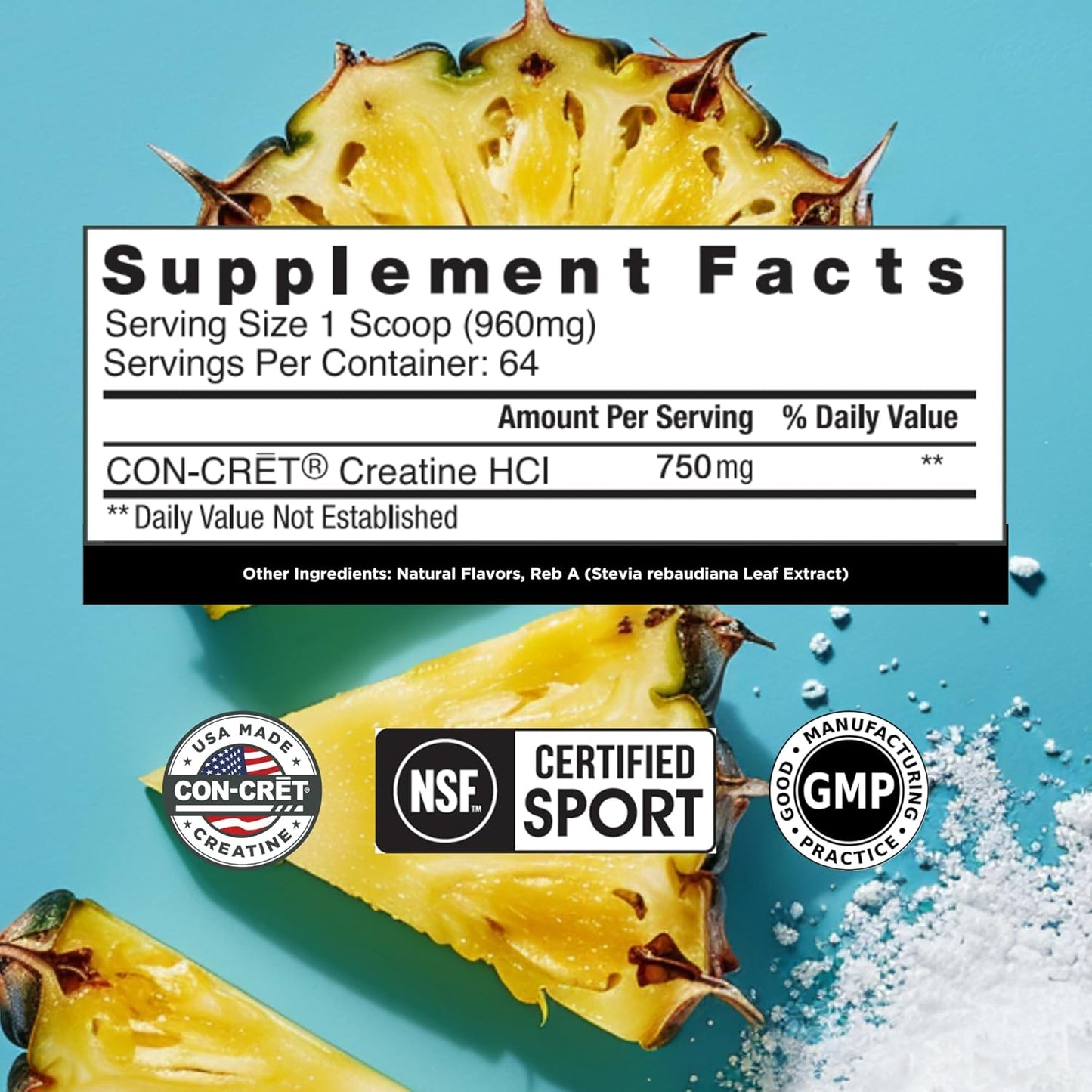 High-Quality Pineapple Flavored CON-CRET Creatine HCl Powder for Muscle, Cognitive, and Cellular Energy Support with No Bloating or Cramps - 64 Servings