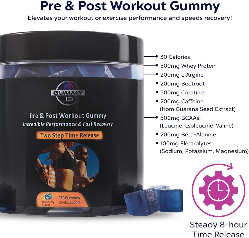 High-Quality Pre & Post Workout Gummies with Fruit Juice Extract for Enhanced Performance - Gluten-Free Time-Release Formula - Maximize Results