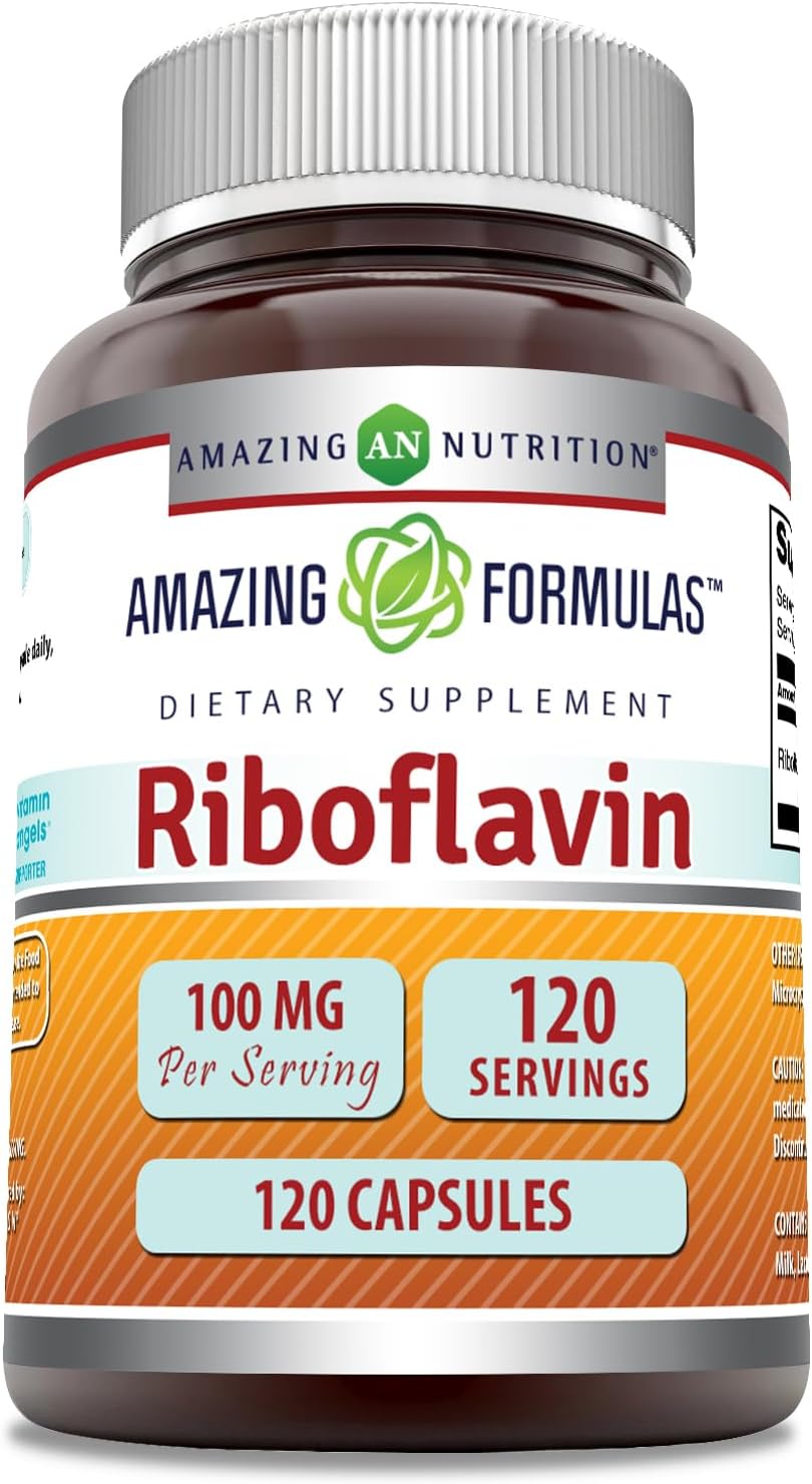 High-Quality Riboflavin (Vitamin B2) Supplement | 100mg Per Serving | 120 Capsules | Non-GMO & Gluten Free | Made in USA by Amazing Nutrition