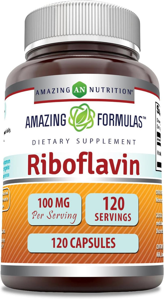 High-Quality Riboflavin (Vitamin B2) Supplement | 100mg Per Serving | 120 Capsules | Non-GMO & Gluten Free | Made in USA by Amazing Nutrition