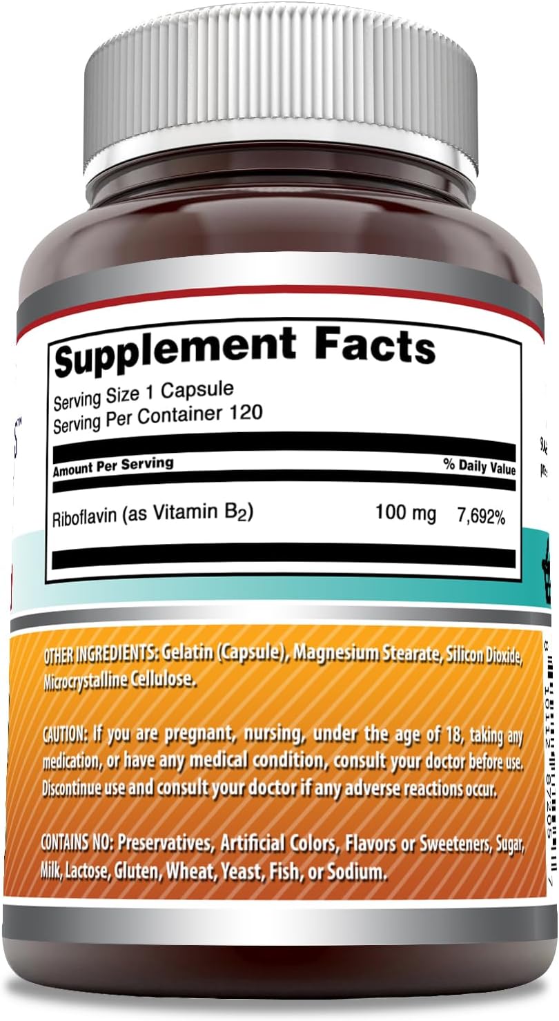 High-Quality Riboflavin (Vitamin B2) Supplement | 100mg Per Serving | 120 Capsules | Non-GMO & Gluten Free | Made in USA by Amazing Nutrition