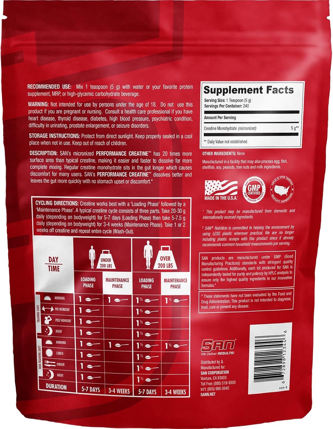 High-Quality SAN Performance Creatine Powder for Muscle Growth and Athletic Performance - 1200g, 240 Servings