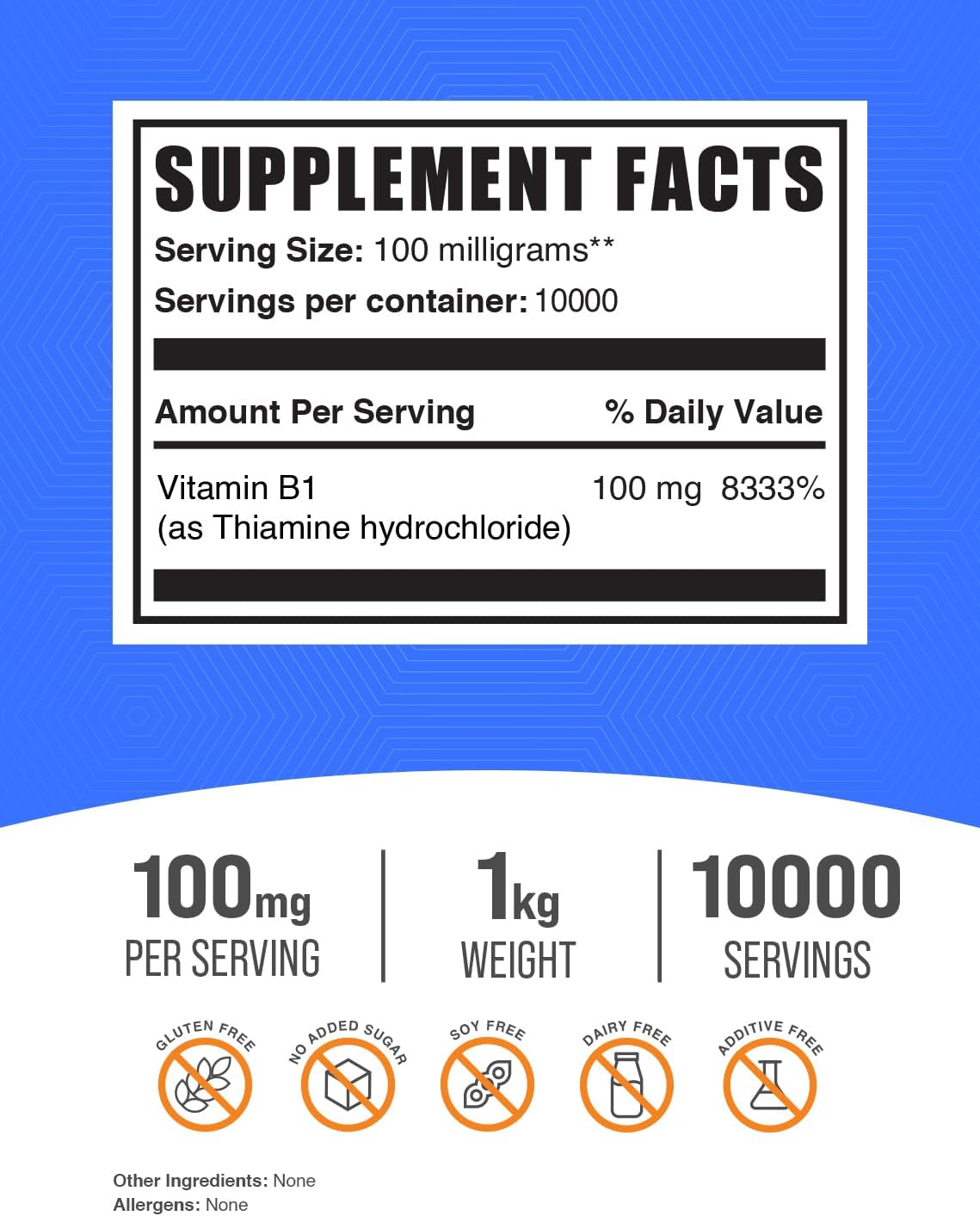 High-Quality Thiamine HCl Powder - B1 Vitamin Supplement, Gluten-Free - 100mg per Serving, 1kg (2.2 lbs) - Bulk Size