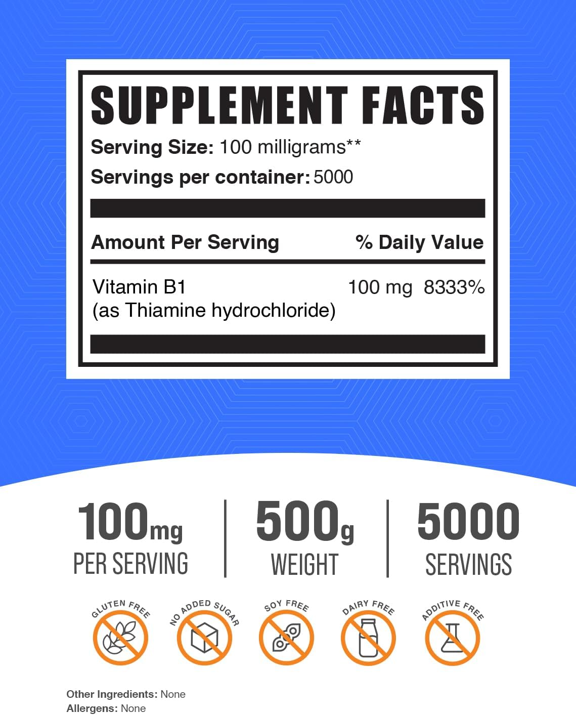 High-Quality Thiamine HCl Powder - B1 Vitamin Supplement, Gluten-Free, 100mg per Serving, 500g (1.1 lbs) - Bulk Size, Pack of 1