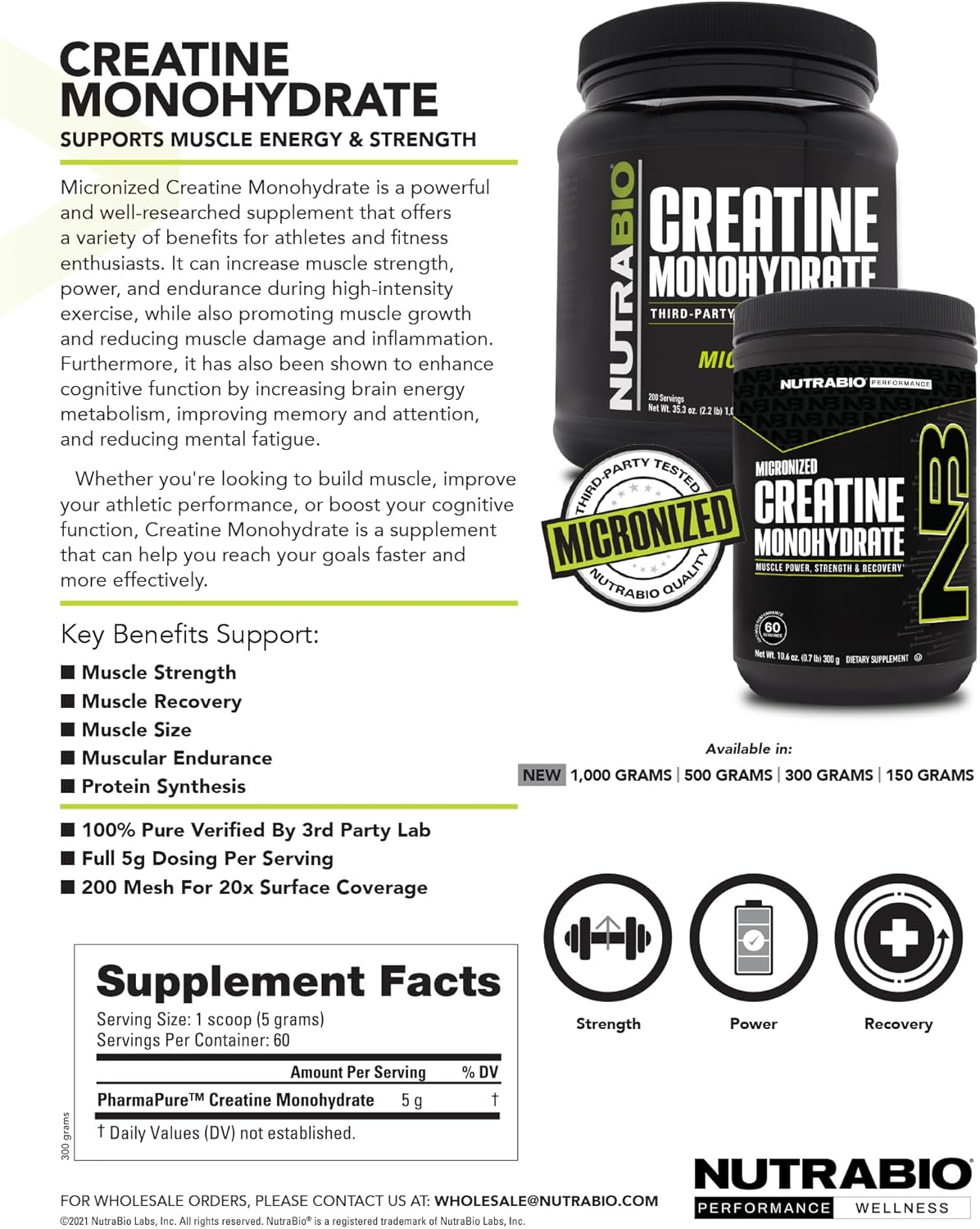 High-Quality Unflavored Creatine Monohydrate Powder Supplement (300g) - Boost Muscle Energy, Recovery, Strength - HPLC Tested Pure Grade Creatine for Men and Women by NutraBio