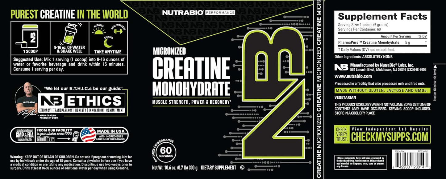 High-Quality Unflavored Creatine Monohydrate Powder Supplement (300g) - Boost Muscle Energy, Recovery, Strength - HPLC Tested Pure Grade Creatine for Men and Women by NutraBio