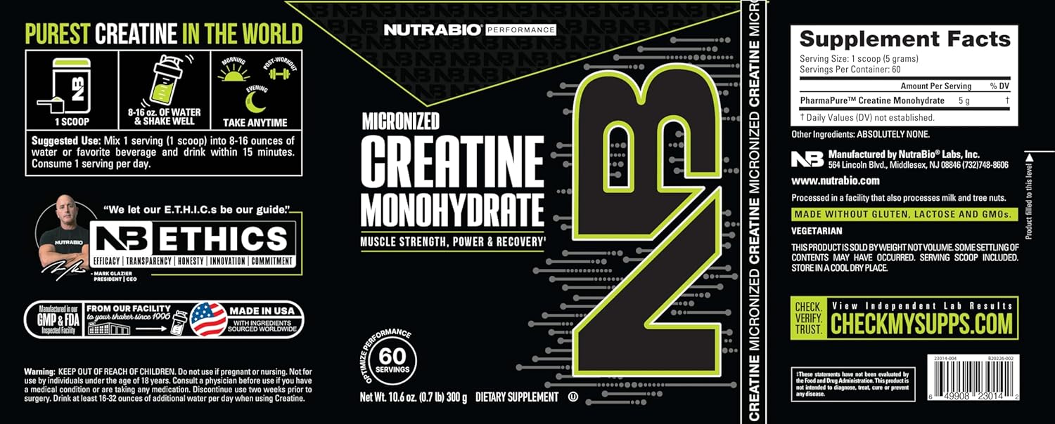 High-Quality Unflavored Creatine Monohydrate Powder Supplement (300g) - Boost Muscle Energy, Recovery, Strength - HPLC Tested Pure Grade Creatine for Men and Women by NutraBio