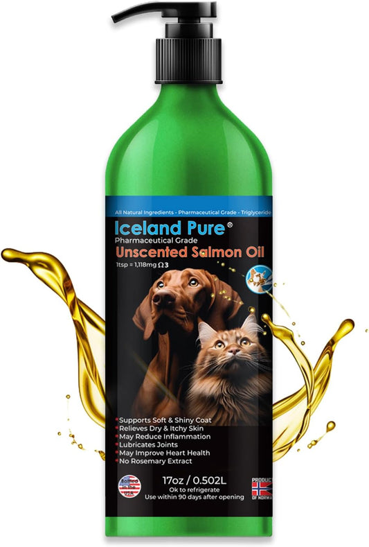 High-Quality Unscented Salmon Oil for Dogs and Cats | Pharmaceutical Grade | 1118mg Omega-3 per Teaspoon | Liquid Food Supplement | BPA-Free Pump Bottle 17oz
