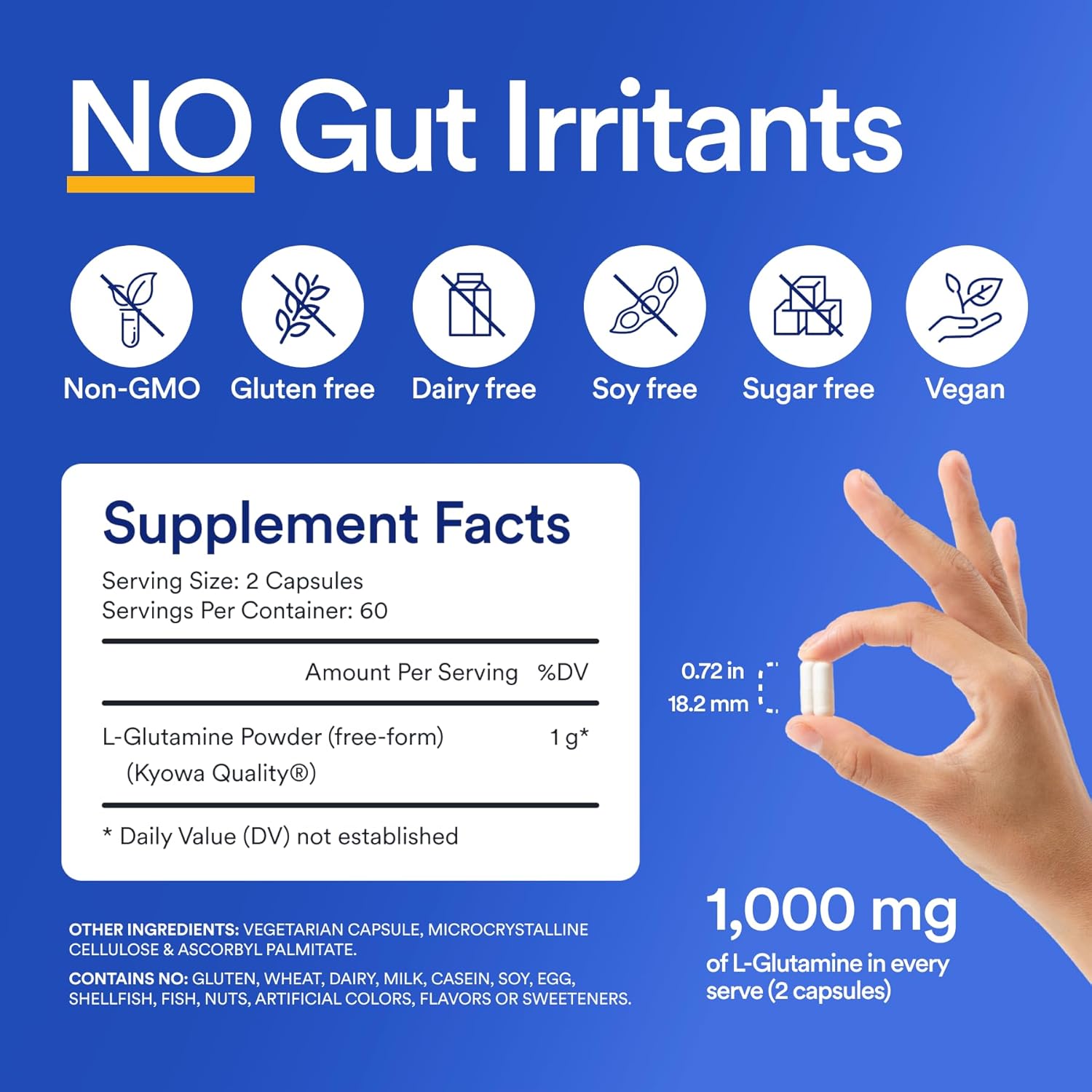 High-Quality USA-Made L-Glutamine Capsules for Gut Health - 1000mg, Gluten-Free, Dairy-Free, Non-GMO - 60 Servings