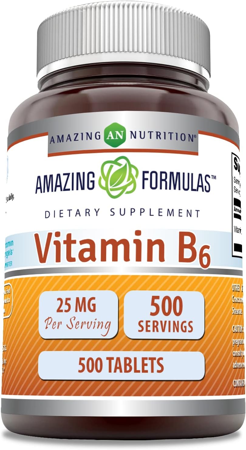 High Quality Vitamin B6 Pyridoxine 25mg Tablets Supplement | Non GMO & Gluten Free | Made in USA - 500 Tablets