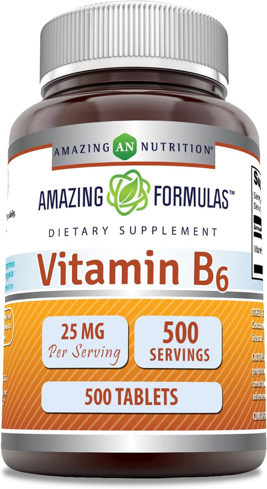 High Quality Vitamin B6 Pyridoxine 25mg Tablets Supplement | Non GMO & Gluten Free | Made in USA - 500 Tablets