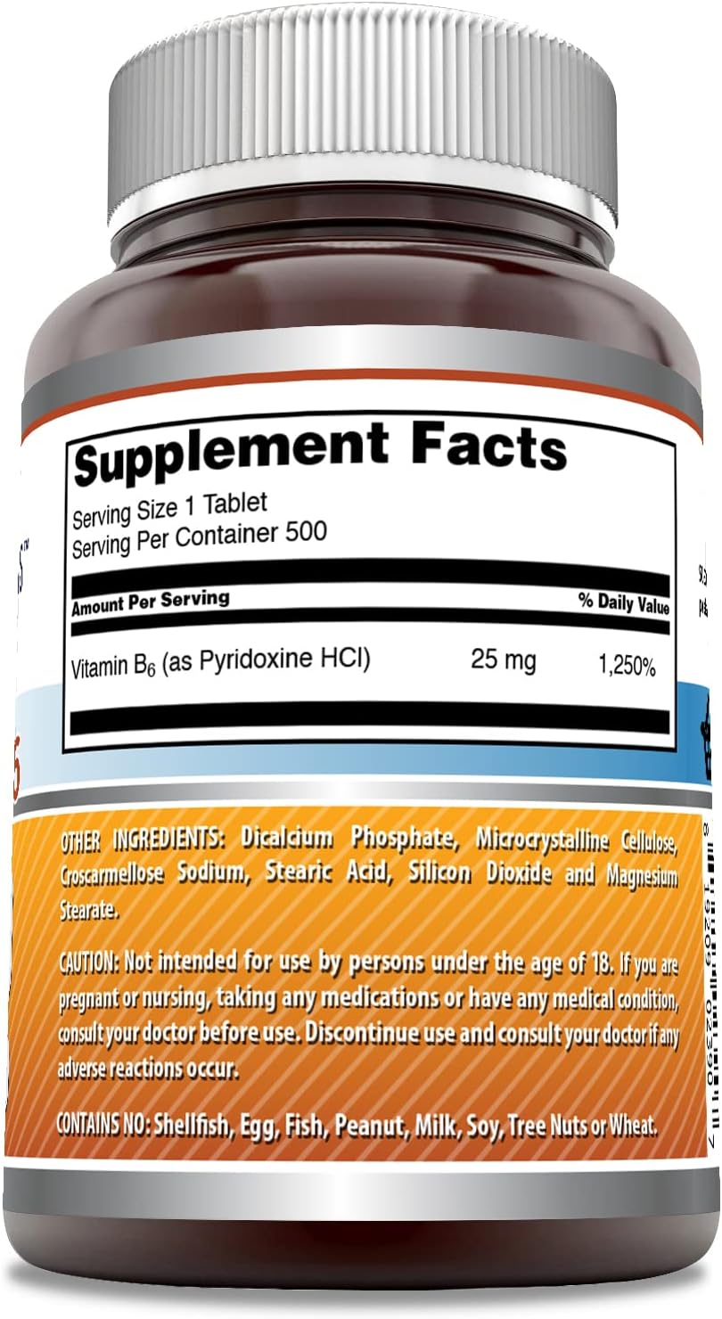 High Quality Vitamin B6 Pyridoxine 25mg Tablets Supplement | Non GMO & Gluten Free | Made in USA - 500 Tablets