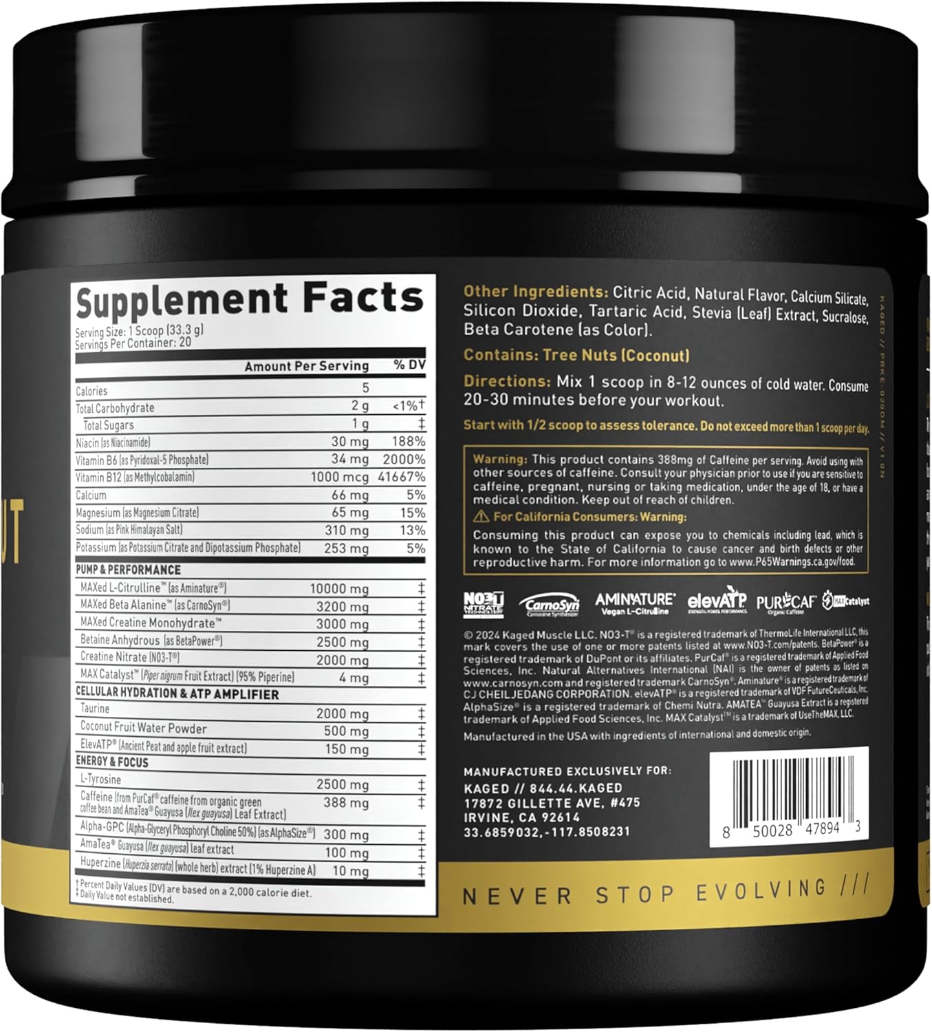 High Stimulant Pre-Workout Powder for Men & Women with L-Citrulline, Beta Alanine, Creatine & Organic Caffeine - Orange Mango Flavor