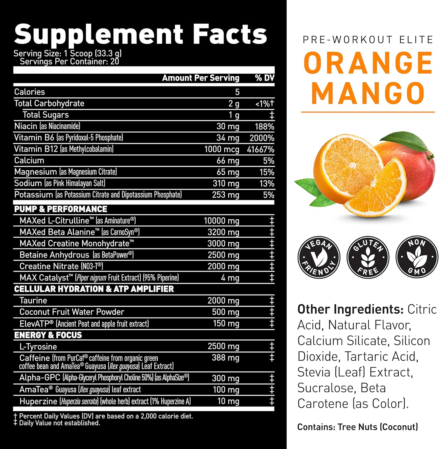 High Stimulant Pre-Workout Powder for Men & Women with L-Citrulline, Beta Alanine, Creatine & Organic Caffeine - Orange Mango Flavor
