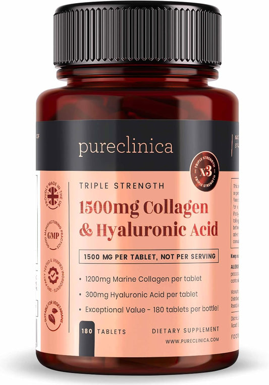 High Strength 1500mg Collagen and Hyaluronic Acid Tablets - 6 Month Supply of 180 Tablets from pureclinica