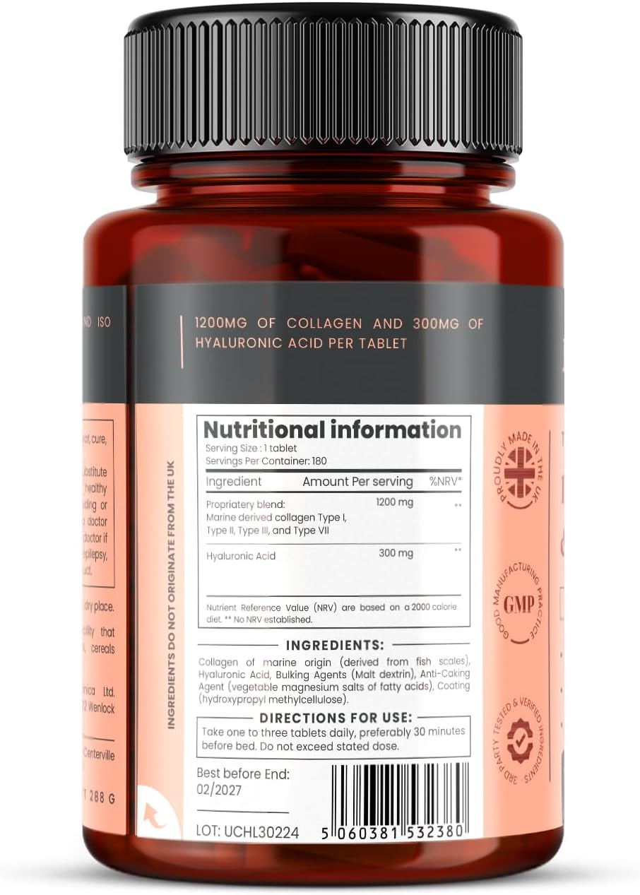 High Strength 1500mg Collagen and Hyaluronic Acid Tablets - 6 Month Supply of 180 Tablets from pureclinica