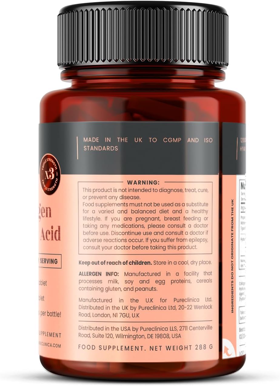 High Strength 1500mg Collagen and Hyaluronic Acid Tablets - 6 Month Supply of 180 Tablets from pureclinica