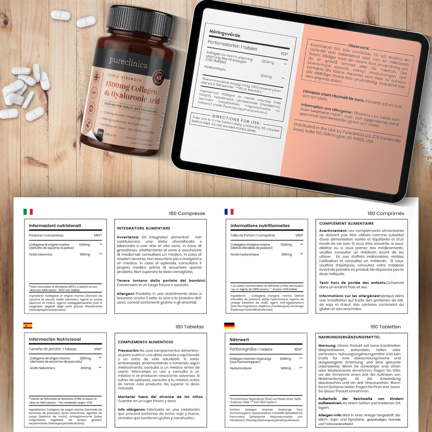 High Strength 1500mg Collagen and Hyaluronic Acid Tablets - 6 Month Supply of 180 Tablets from pureclinica