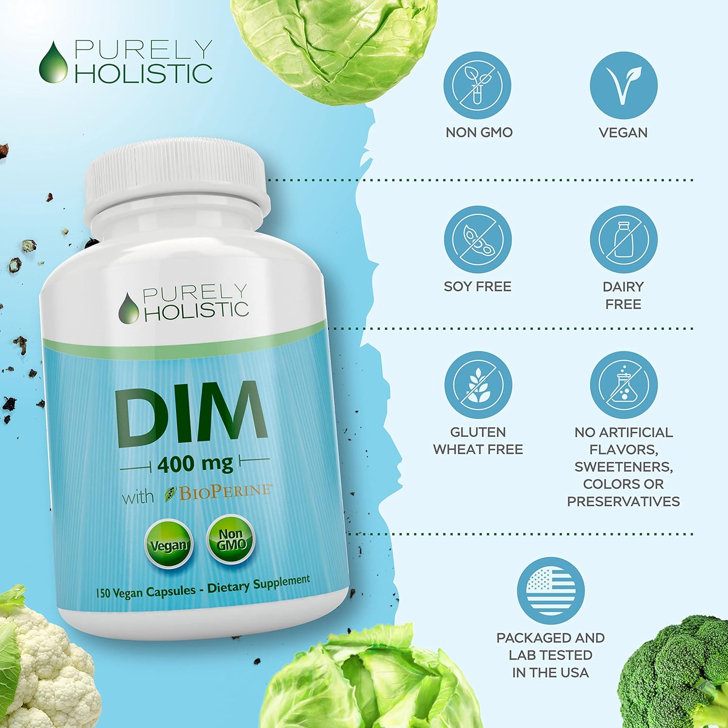 High Strength 400mg DIM Supplement with Bioperine - 150 Vegan Capsules for Hormone Balance - Purely Holistic - 5 Month Supply - Diindolylmethane for Women & Men