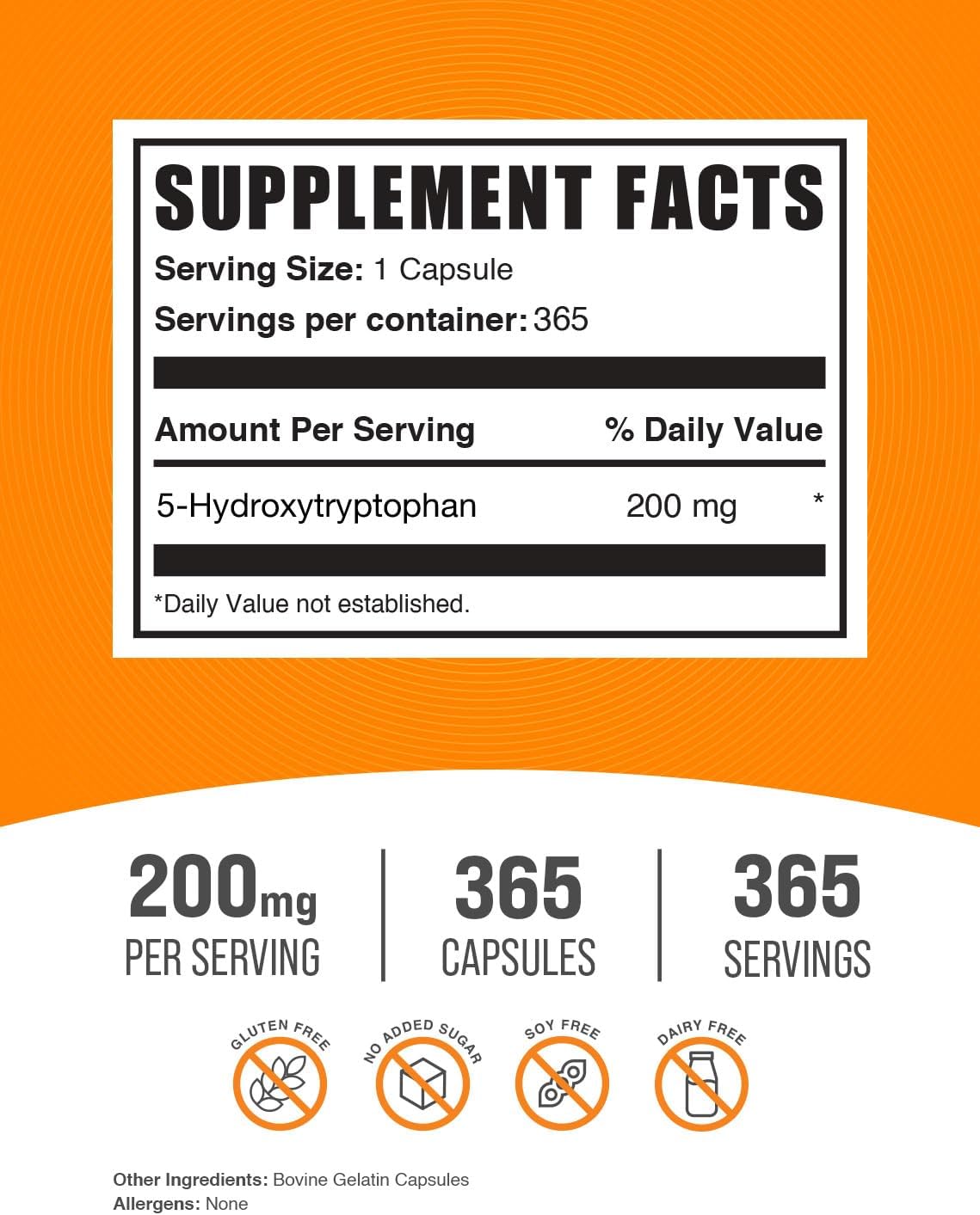 High Strength 5-HTP Capsules - 5-Hydroxytryptophan Supplement, 200mg per Capsule, Amino Acid, Gluten Free - 365 Capsules, Single Pack