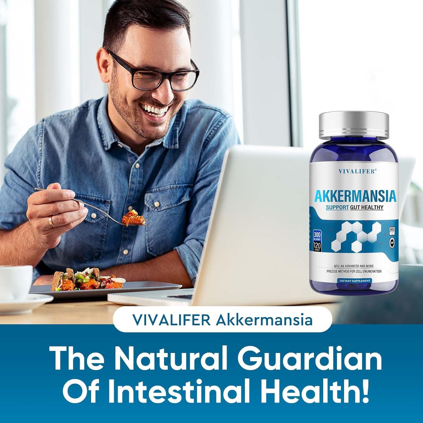 High Strength Akkermansia Probiotic Supplement - 300 Billion AFU Live Strain - Supports Gut & Immune Health - Increases GLP-1 Production - 120 Capsules
