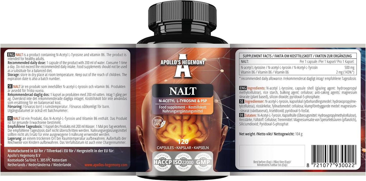 High Strength Apollo's Hegemony N-Acetyl-L-Tyrosine and Vitamin B6 Capsules - Cognitive Booster - 4 Month Supply