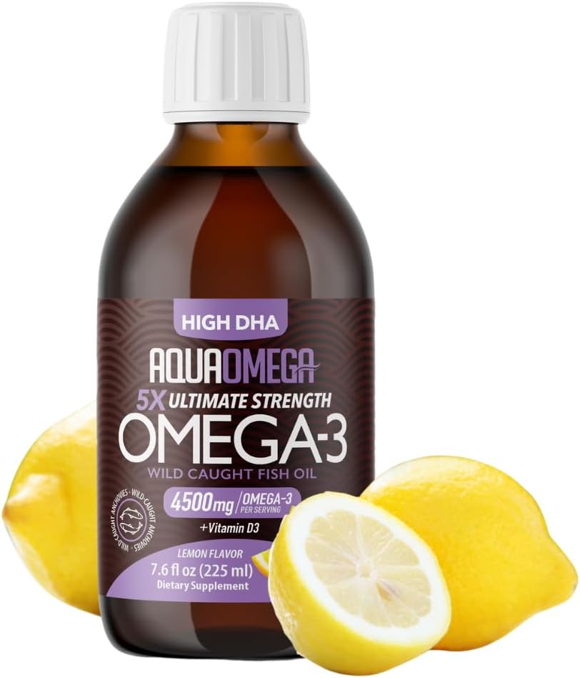 High Strength AquaOmega 5X Omega 3 Liquid Fish Oil Supplement - 3380mg DHA, 670mg EPA, 4500mg Omega 3 - Lemon Flavor, Vitamin D - Burpless Formula for Women and Men - 7.60 floz