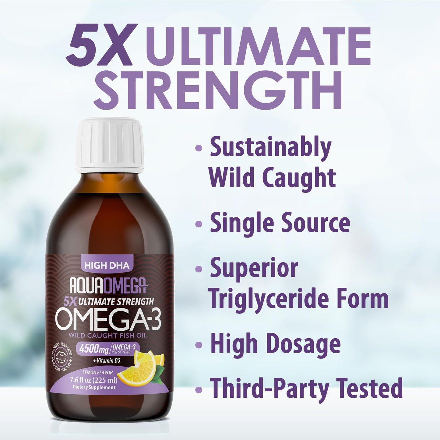 High Strength AquaOmega 5X Omega 3 Liquid Fish Oil Supplement - 3380mg DHA, 670mg EPA, 4500mg Omega 3 - Lemon Flavor, Vitamin D - Burpless Formula for Women and Men - 7.60 floz