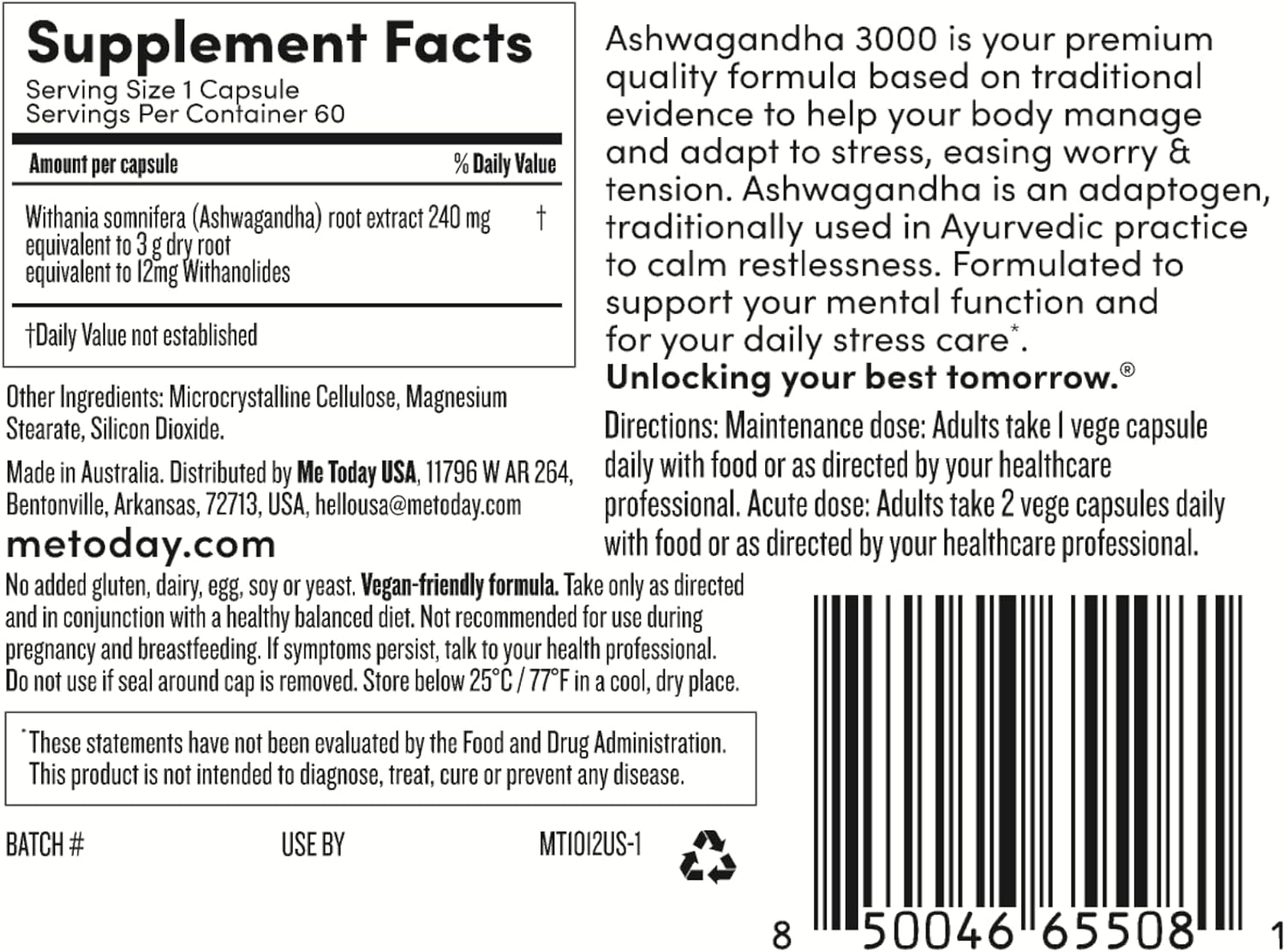High Strength Ashwagandha Supplements for Stress Relief & Mental Function - Vegetarian Capsules - 60 Count